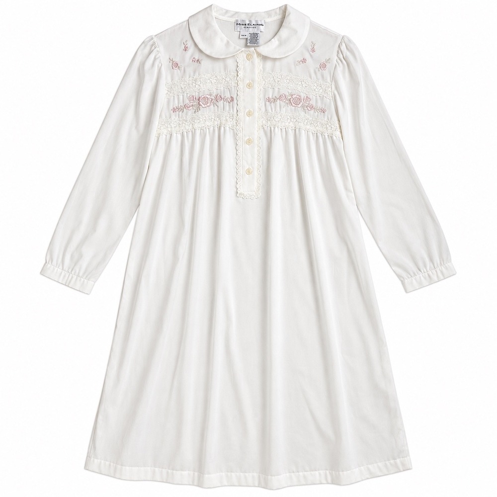Vintage Miss Elaine Nightgown Womens Size M White Cottage Floral Lace Sleepwear